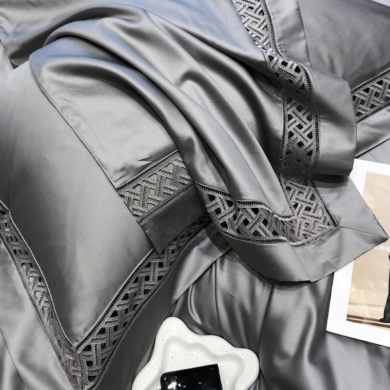 VILZSTUDIOS neutral satin bedding set with openwork lattice lace borders and flanged pillowcases