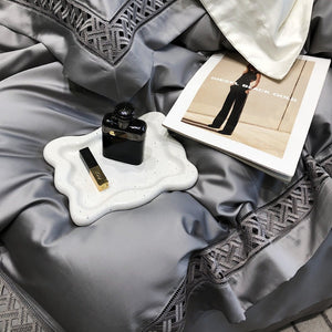 VILZSTUDIOS neutral satin bedding set with openwork lattice lace borders and flanged pillowcases