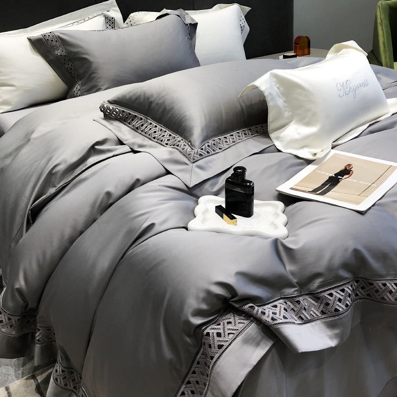 VILZSTUDIOS neutral satin bedding set with openwork lattice lace borders and flanged pillowcases