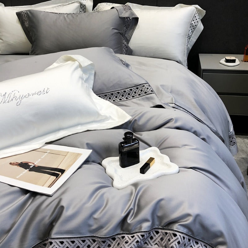 VILZSTUDIOS neutral satin bedding set with openwork lattice lace borders and flanged pillowcases