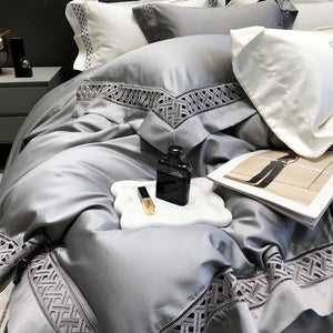 VILZSTUDIOS neutral satin bedding set with openwork lattice lace borders and flanged pillowcases