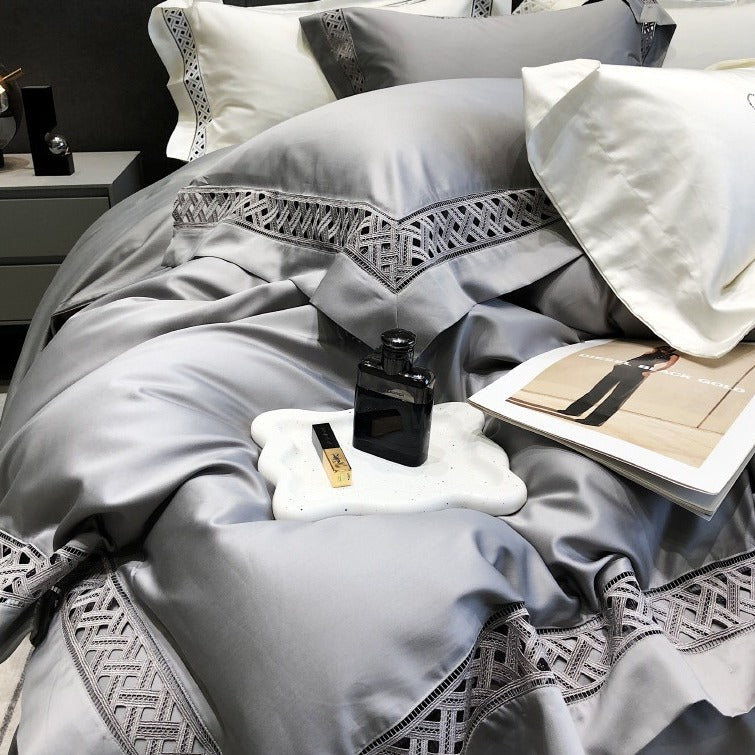 VILZSTUDIOS neutral satin bedding set with openwork lattice lace borders and flanged pillowcases