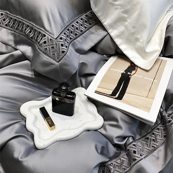 VILZSTUDIOS neutral satin bedding set with openwork lattice lace borders and flanged pillowcases