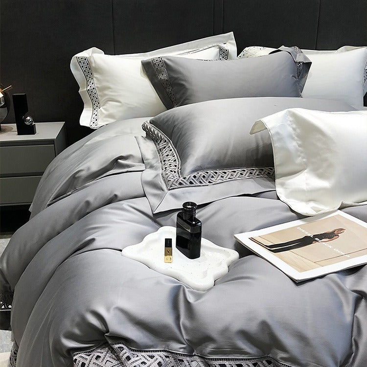 VILZSTUDIOS neutral satin bedding set with openwork lattice lace borders and flanged pillowcases