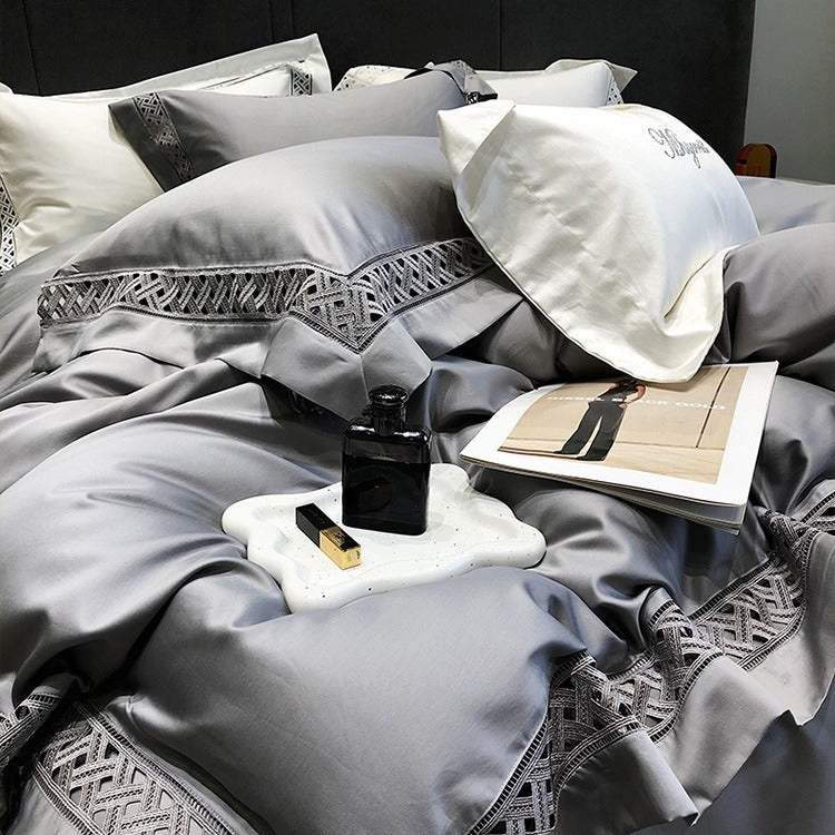 VILZSTUDIOS neutral satin bedding set with openwork lattice lace borders and flanged pillowcases