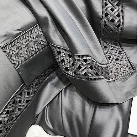 VILZSTUDIOS neutral satin bedding set with openwork lattice lace borders and flanged pillowcases
