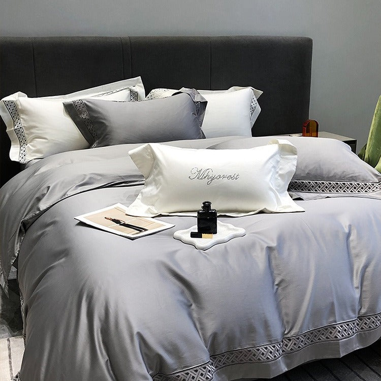 VILZSTUDIOS neutral satin bedding set with openwork lattice lace borders and flanged pillowcases