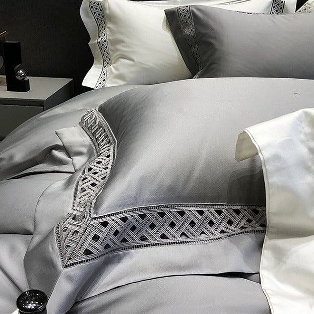 VILZSTUDIOS neutral satin bedding set with openwork lattice lace borders and flanged pillowcases