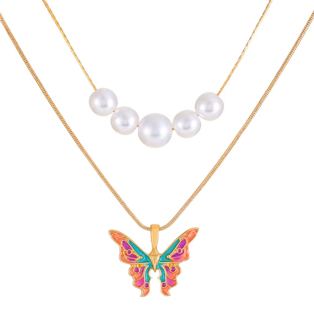 VILZSTUDIOS Layered necklace featuring butterfly charm and pearl accents