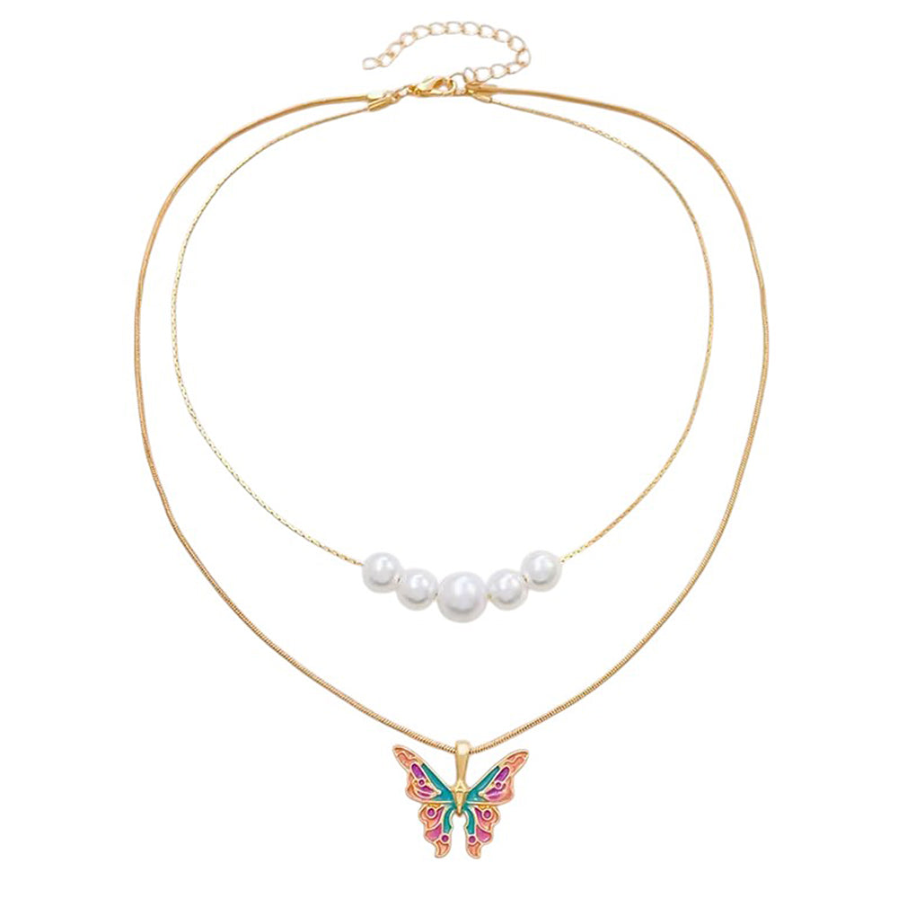 VILZSTUDIOS Layered necklace featuring butterfly charm and pearl accents