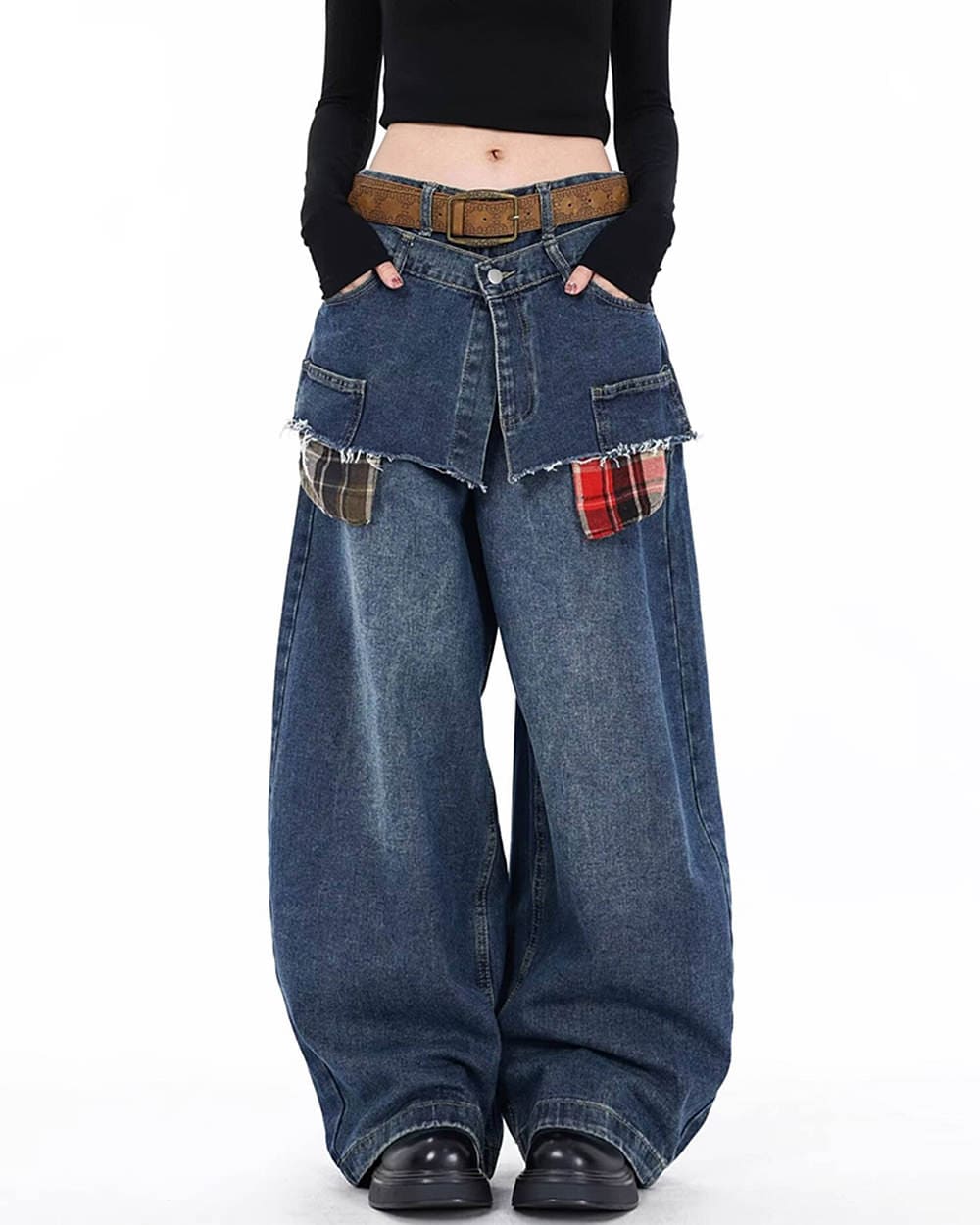VILZSTUDIOS Wide-leg jeans with layered design and raw hems