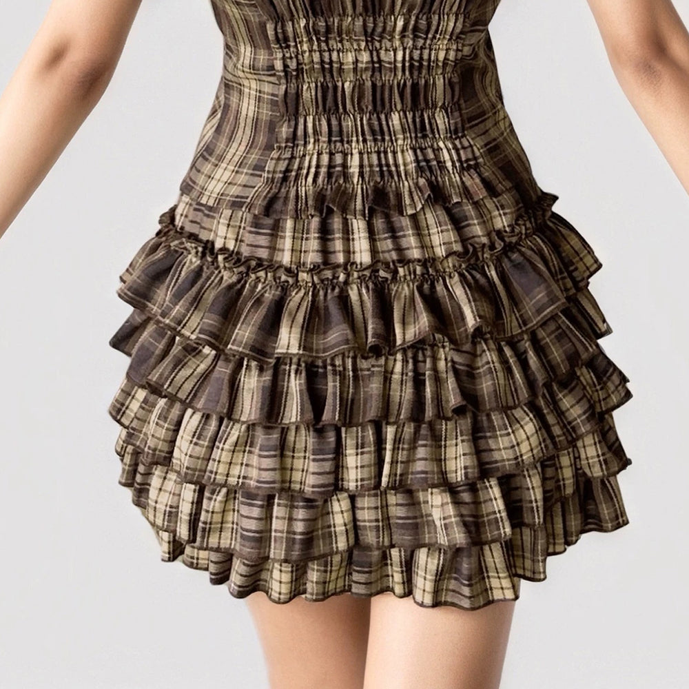 VILZSTUDIOS Layered ruffle plaid mini skirt from VILZSTUDIOS