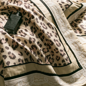 VILZSTUDIOS champagne-beige leopard satin bedding set with white floral lace and black piping
