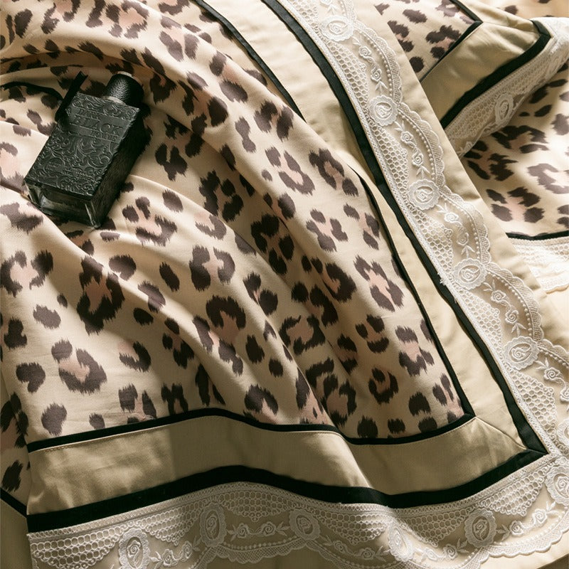 VILZSTUDIOS champagne-beige leopard satin bedding set with white floral lace and black piping