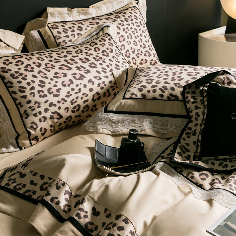 VILZSTUDIOS champagne-beige leopard satin bedding set with white floral lace and black piping