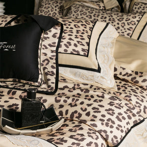 VILZSTUDIOS champagne-beige leopard satin bedding set with white floral lace and black piping