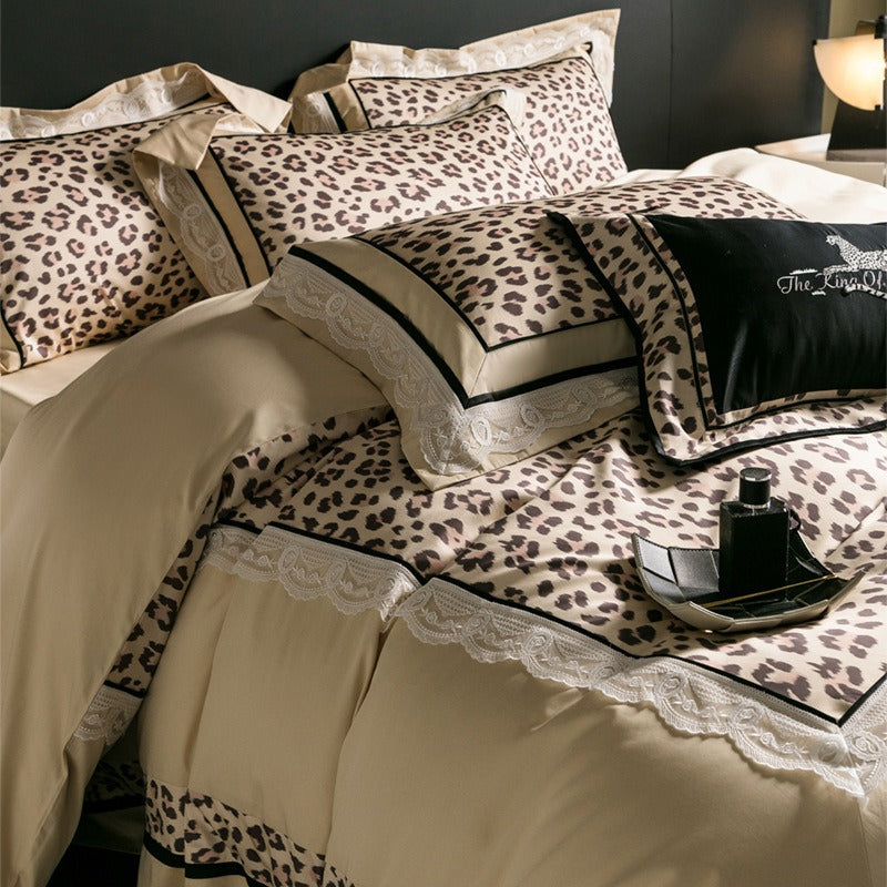 VILZSTUDIOS champagne-beige leopard satin bedding set with white floral lace and black piping
