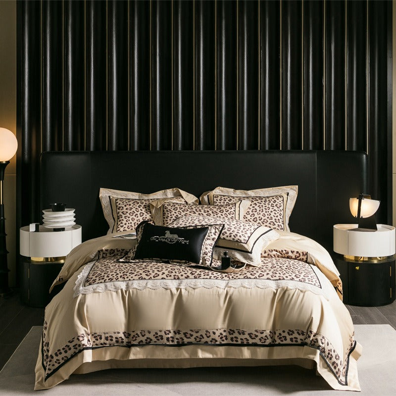 VILZSTUDIOS champagne-beige leopard satin bedding set with white floral lace and black piping