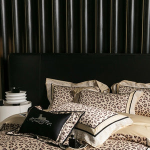 VILZSTUDIOS champagne-beige leopard satin bedding set with white floral lace and black piping