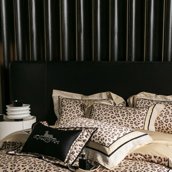 VILZSTUDIOS champagne-beige leopard satin bedding set with white floral lace and black piping
