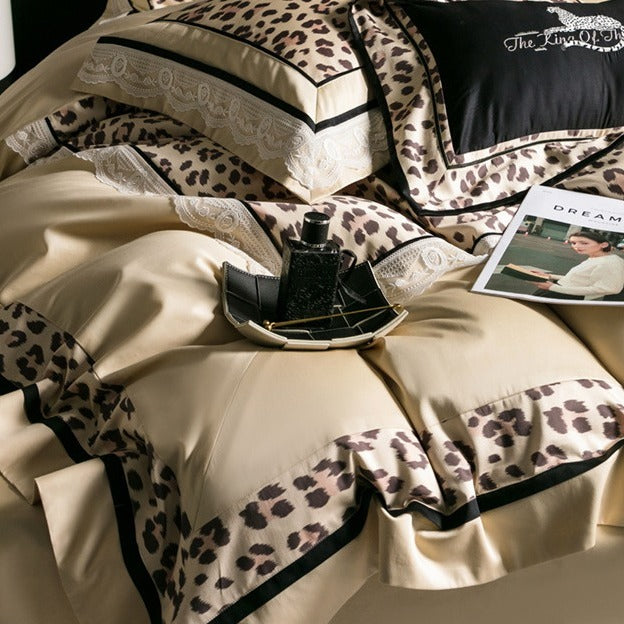 VILZSTUDIOS champagne-beige leopard satin bedding set with white floral lace and black piping