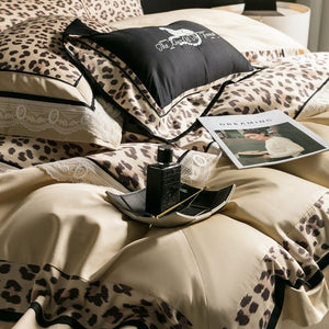 VILZSTUDIOS champagne-beige leopard satin bedding set with white floral lace and black piping