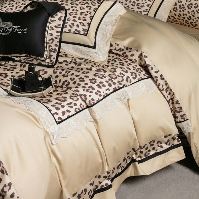 VILZSTUDIOS champagne-beige leopard satin bedding set with white floral lace and black piping