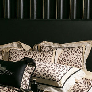 VILZSTUDIOS champagne-beige leopard satin bedding set with white floral lace and black piping