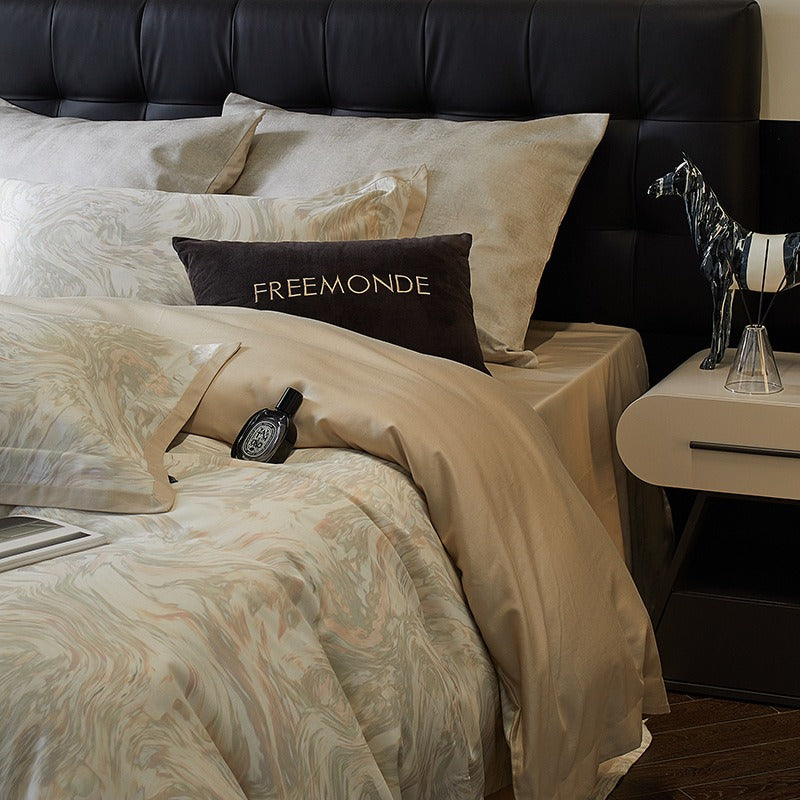 VILZSTUDIOS champagne beige or slate gray marble swirl duvet cover set with flange borders