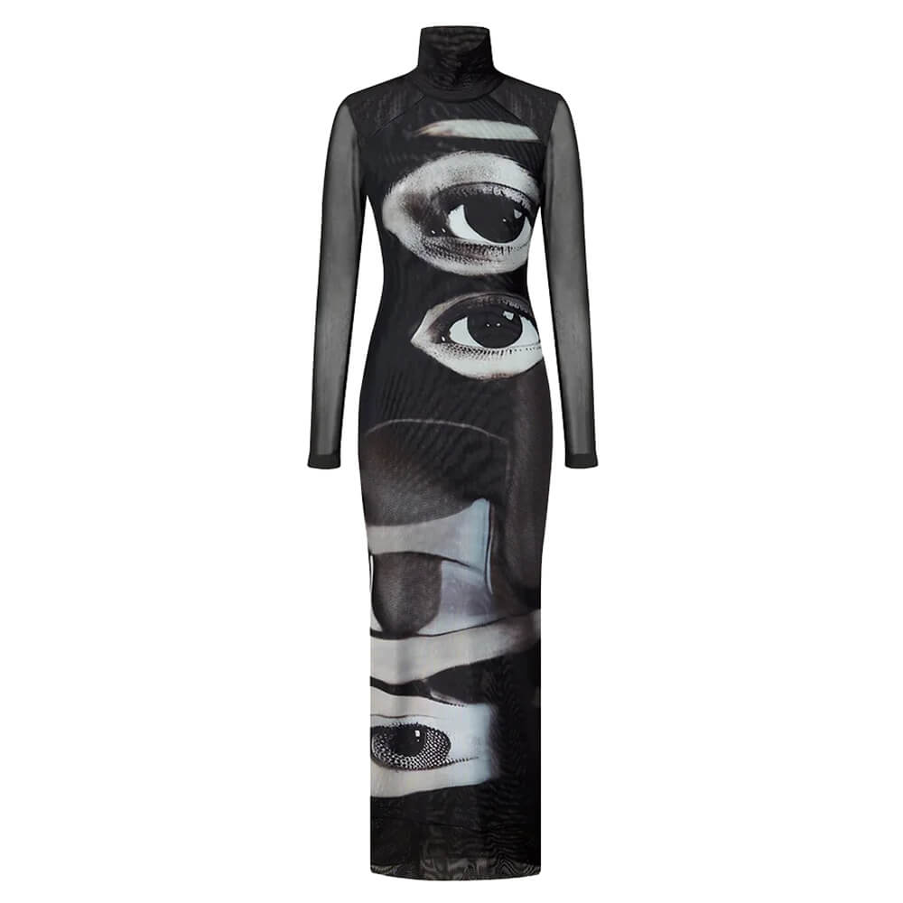 VILZSTUDIOS Aesthetic maxi dress with an eyes print and long sleeves