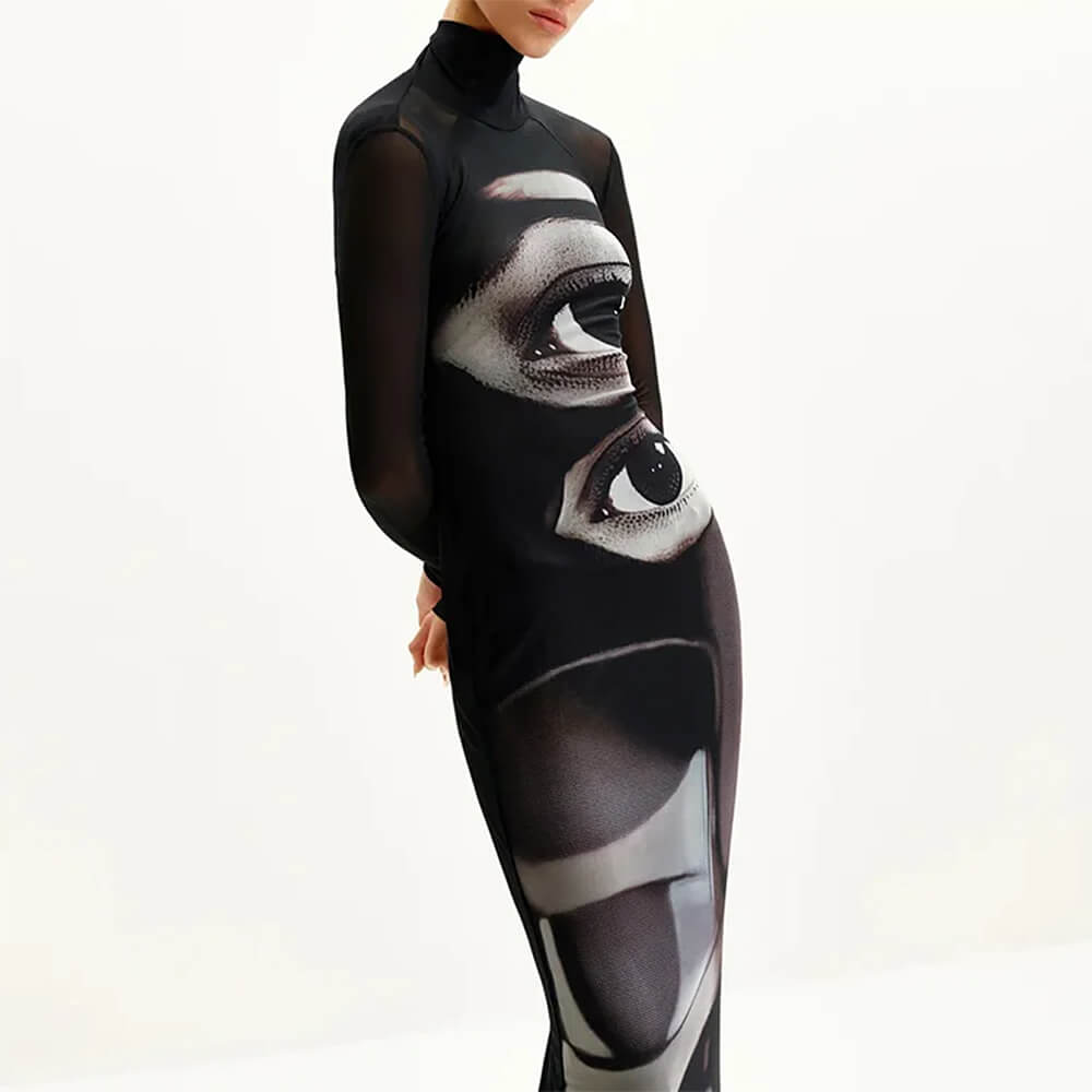 VILZSTUDIOS Aesthetic maxi dress with an eyes print and long sleeves