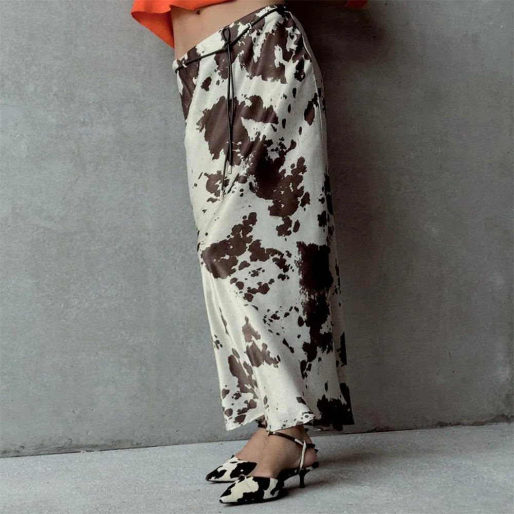 VILZSTUDIOS Fashionable cow print satin maxi skirt