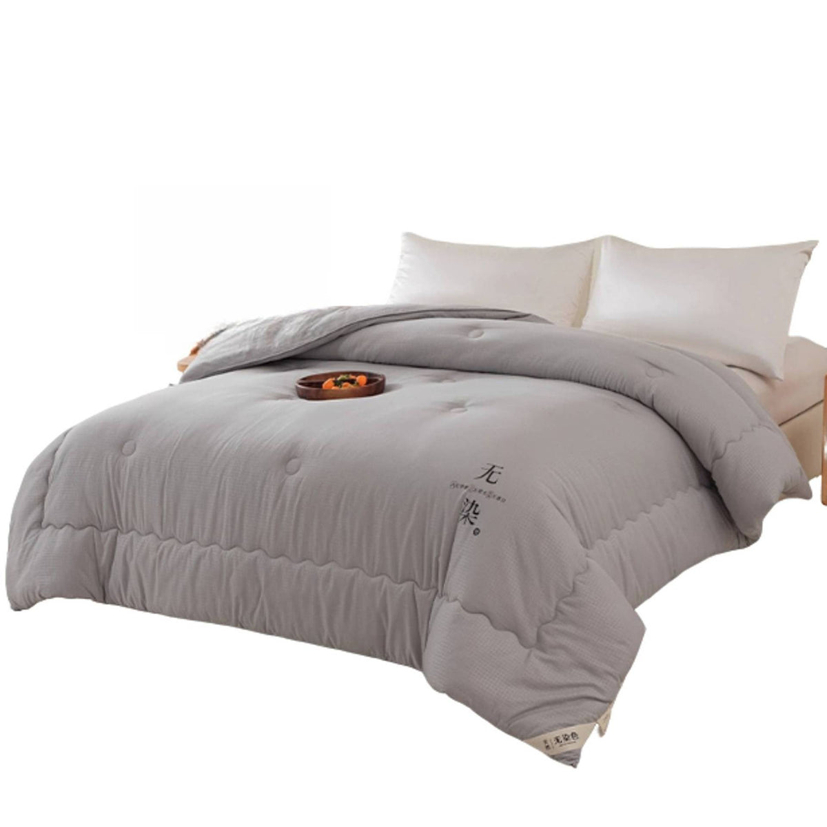 VILZSTUDIOS light gray mini grid duvet insert with circular stitching and wavy quilted border