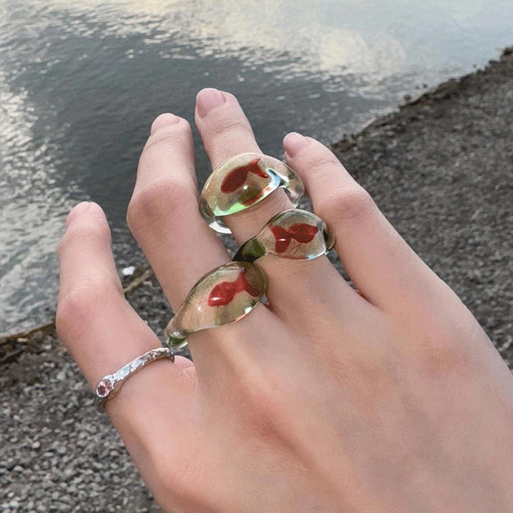 VILZSTUDIOS Clear resin ring with fish figurine inside