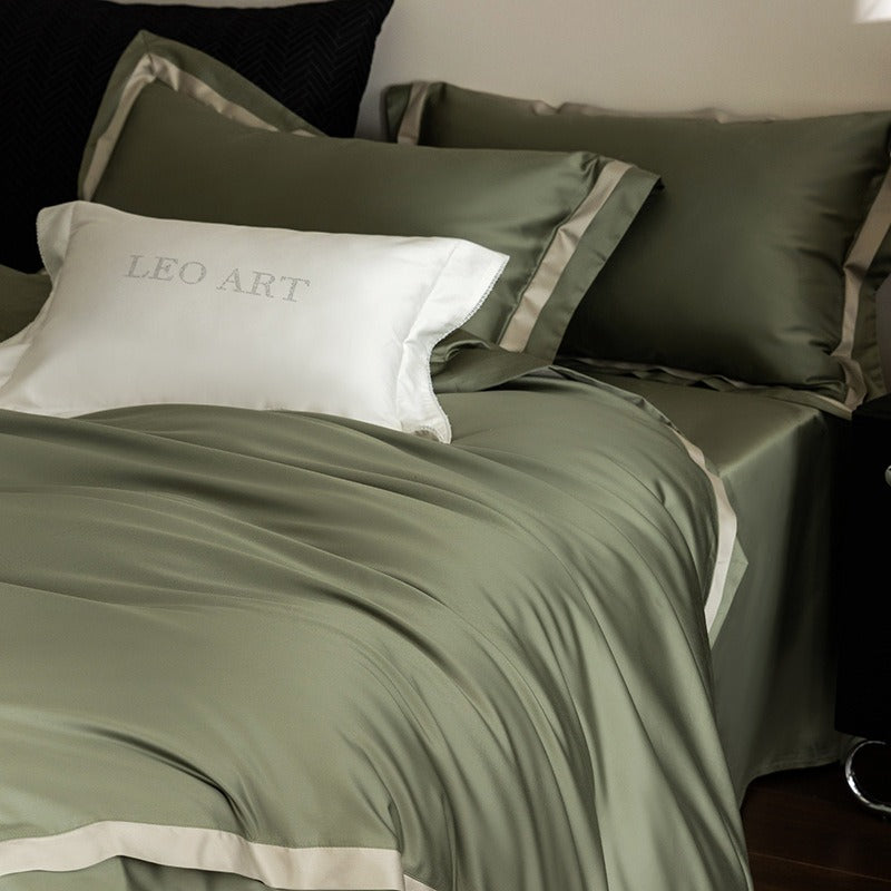 VILZSTUDIOS olive green satin bedding set with contrasting inset bands and mitered flanged corners