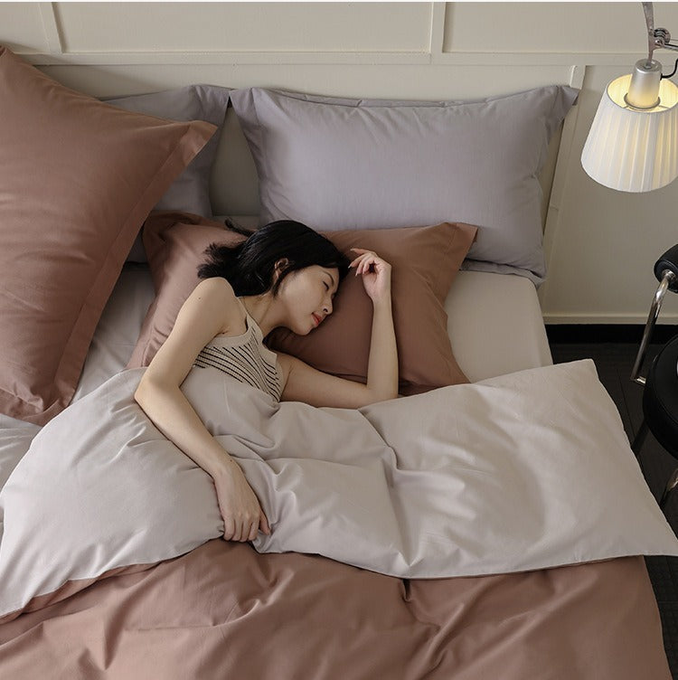 VILZSTUDIOS muted two-tone duvet cover set with contrasting reverse and flanged pillowcases