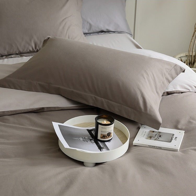 VILZSTUDIOS muted two-tone duvet cover set with contrasting reverse and flanged pillowcases