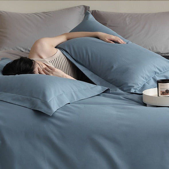 VILZSTUDIOS muted two-tone duvet cover set with contrasting reverse and flanged pillowcases