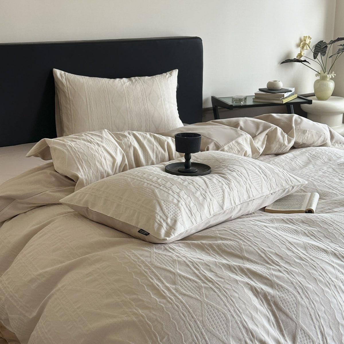 VILZSTUDIOS neutral textured jacquard duvet cover set with raised woven patterns