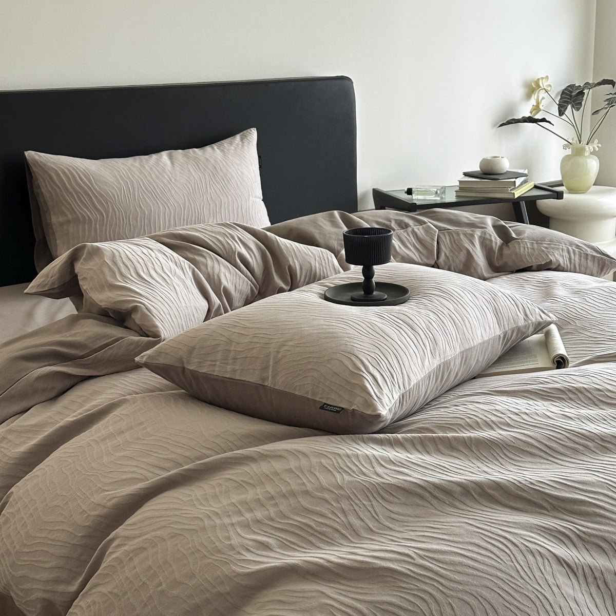VILZSTUDIOS neutral textured jacquard duvet cover set with raised woven patterns