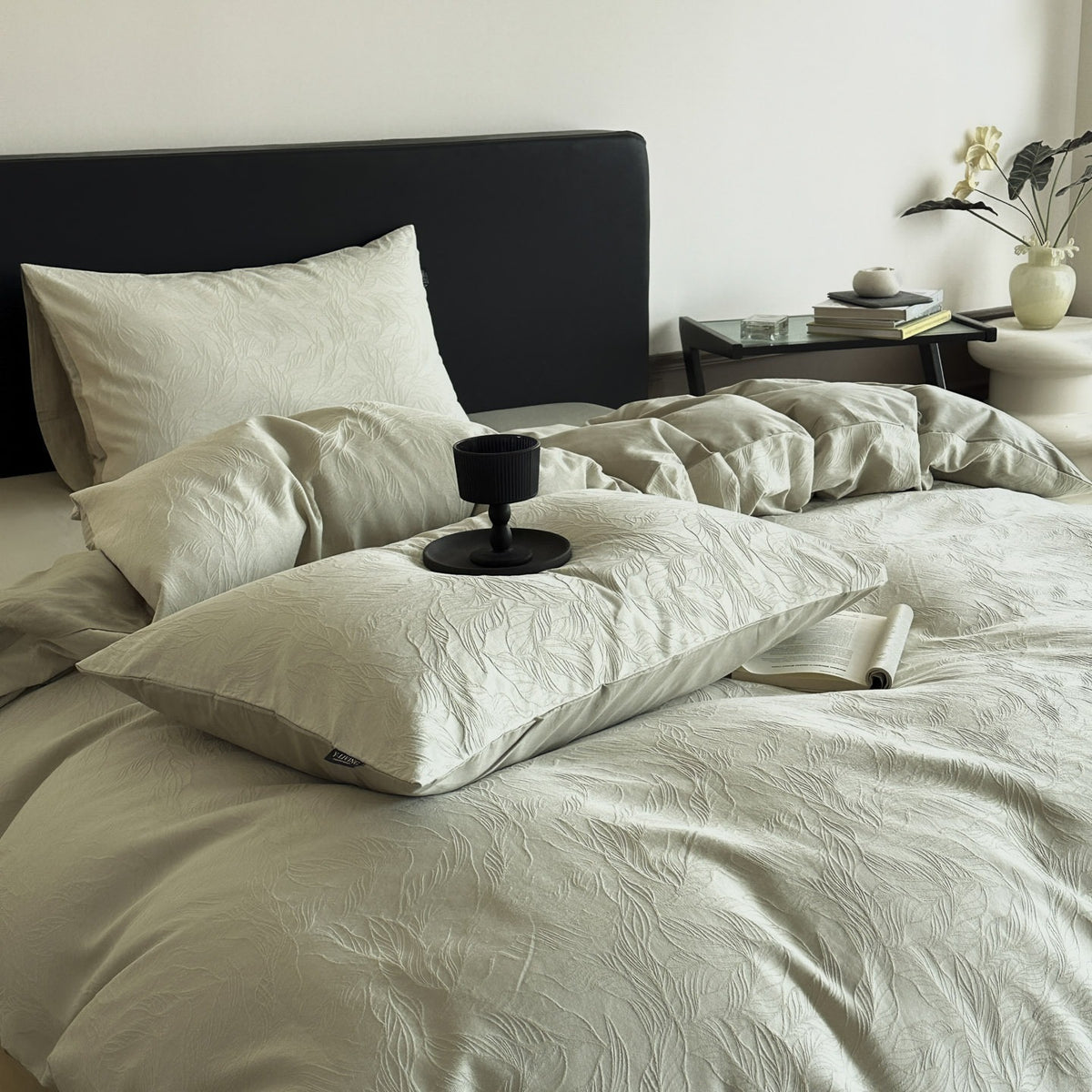 VILZSTUDIOS neutral textured jacquard duvet cover set with raised woven patterns