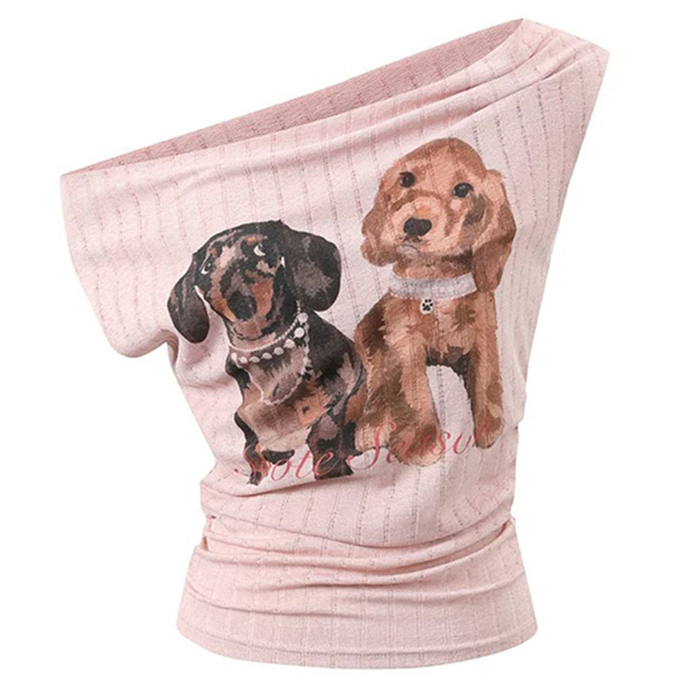 VILZSTUDIOS Chic off shoulder top with puppy print for fashion enthusiasts