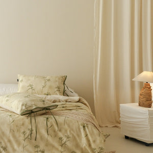 VILZSTUDIOS cream-yellow botanical duvet cover set with olive floral stems and ribbon-tie pillowcases