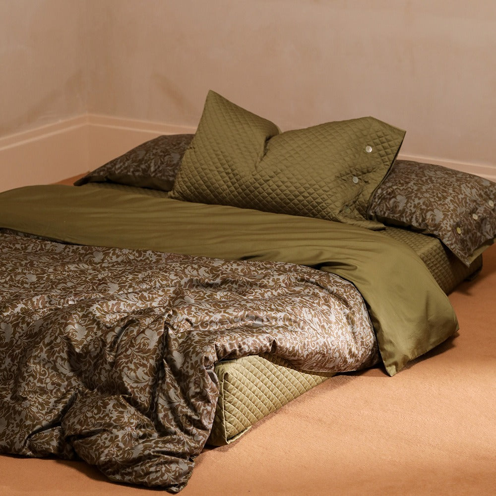 VILZSTUDIOS olive floral damask satin bedding set with diamond-quilted pillowcase detailing