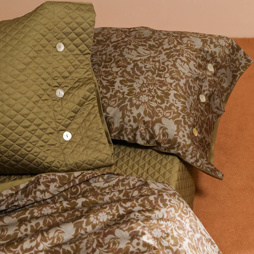 VILZSTUDIOS olive floral damask satin bedding set with diamond-quilted pillowcase detailing
