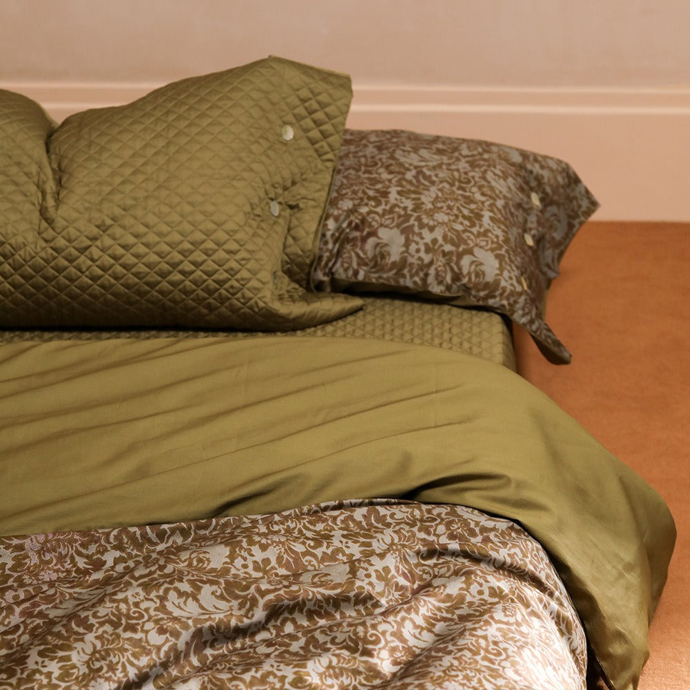 VILZSTUDIOS olive floral damask satin bedding set with diamond-quilted pillowcase detailing