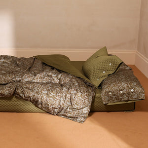 VILZSTUDIOS olive floral damask satin bedding set with diamond-quilted pillowcase detailing
