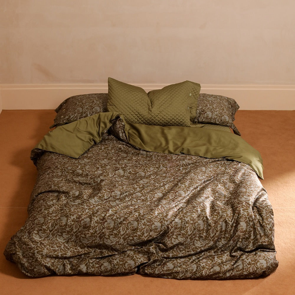 VILZSTUDIOS olive floral damask satin bedding set with diamond-quilted pillowcase detailing