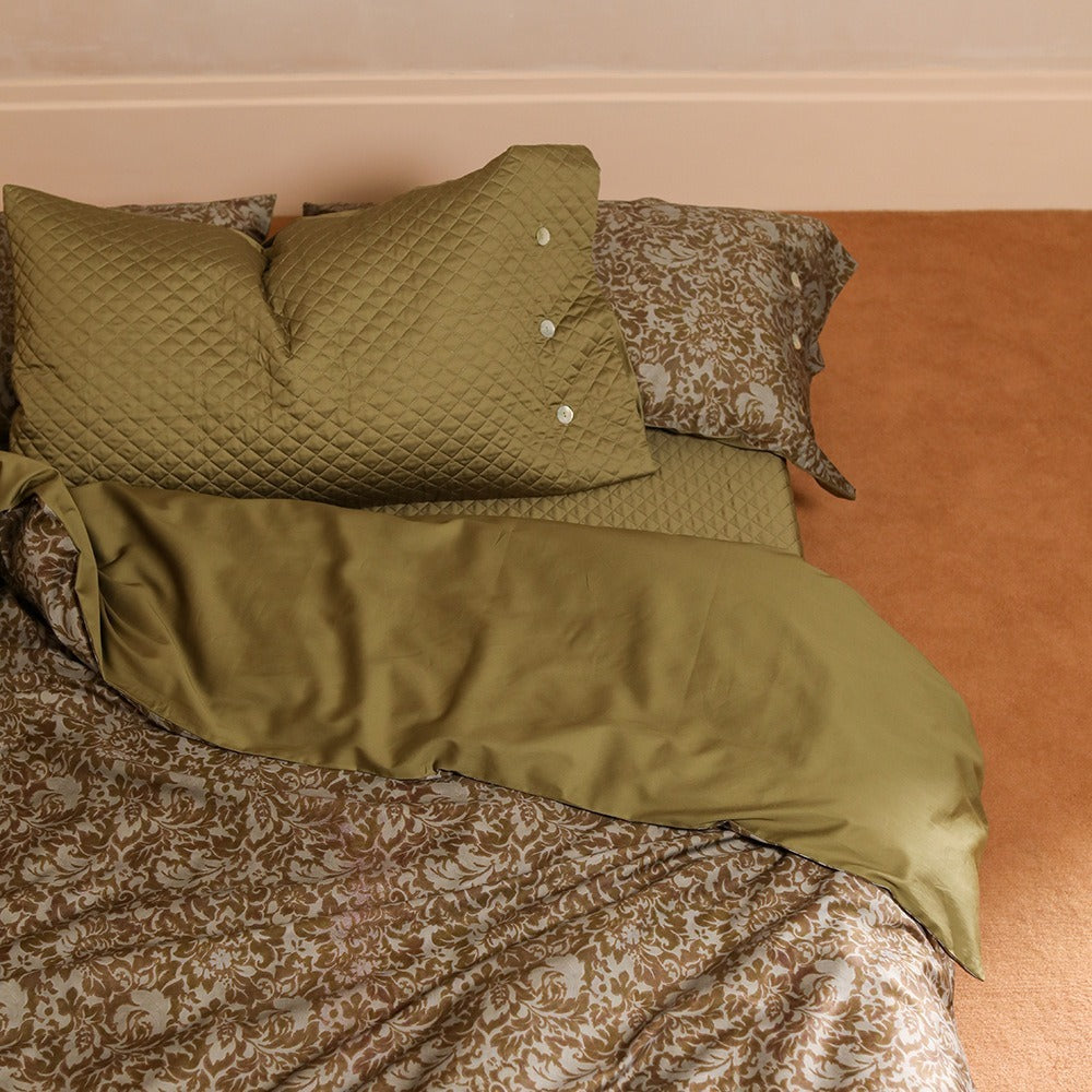 VILZSTUDIOS olive floral damask satin bedding set with diamond-quilted pillowcase detailing