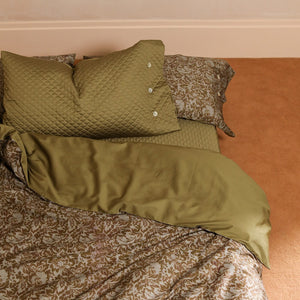 VILZSTUDIOS olive floral damask satin bedding set with diamond-quilted pillowcase detailing